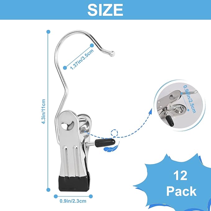 Boot Hanger Clips, 12-Pack Laundry Hanging Hooks Clothes Pins for Closet Organizer, Heavy Duty Hanger Clips for Pants, Socks, Towels, Hats, Boots, and Travel, Space-Saving Clothes Clips for Home Use
