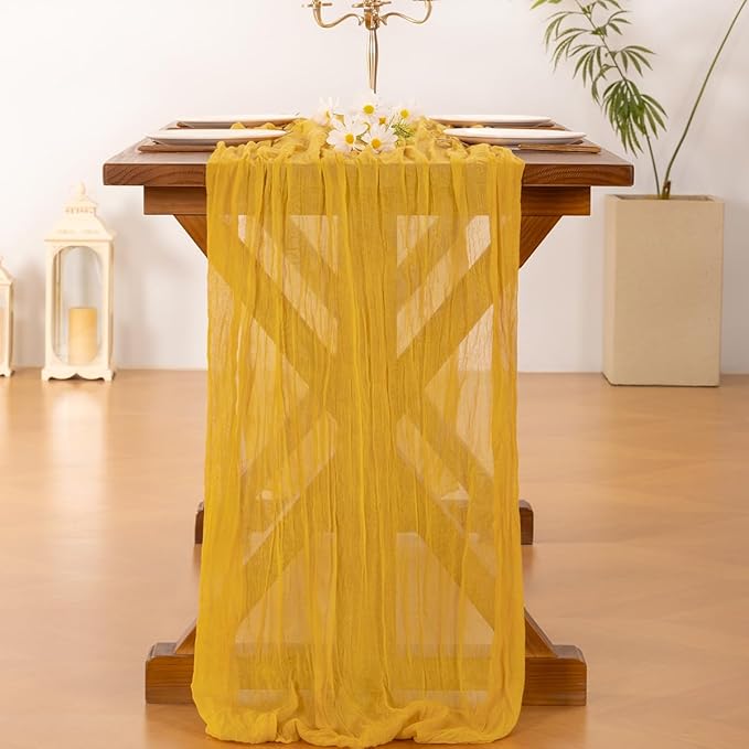 Socomi 2pcs Gold Yellow Summer Cheesecloth Table Runner Boho Rustic Gauze 120 inch 10FT Cheese Cloth Sheer Runner for Wedding Party Baby Shower Birthday Home Decor Holiday Decorations