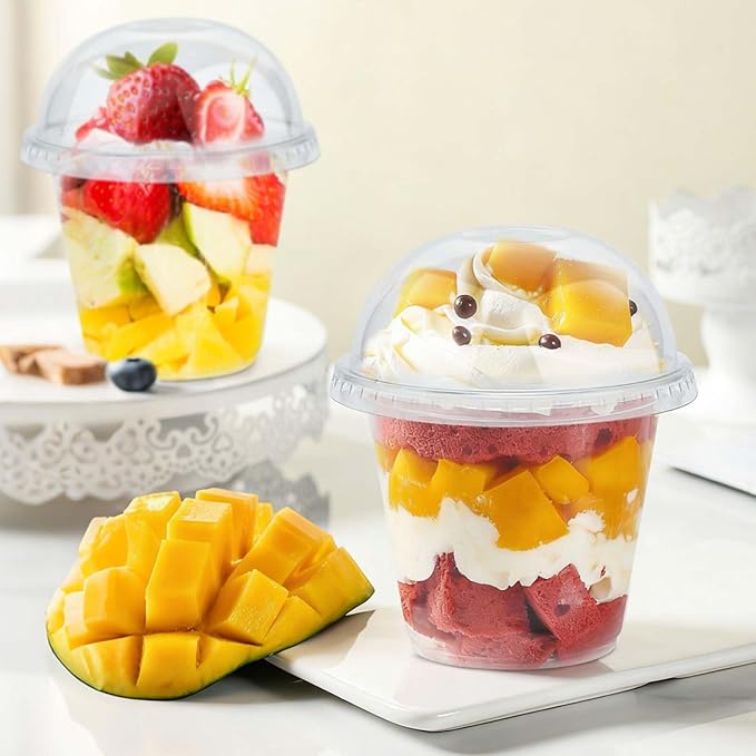Clawsoff 200 Pack 9 oz Plastic Cups with Dome Lids, Disposable Dessert Cup No Hole, Fruit Cup, Clear Parfait Cups for Cake, Cold Drink, Ice Cream, Salad