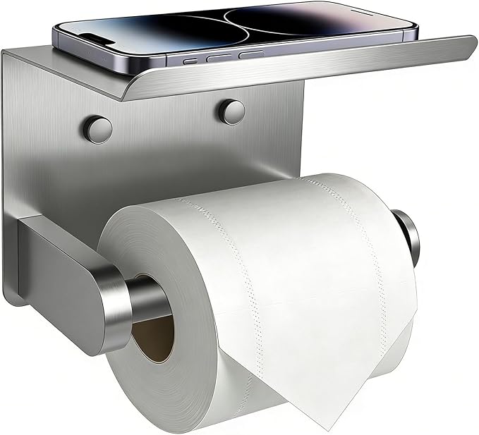 SetSail Toilet Paper Holder with Shelf Adhesive or Screw-in Bathroom Toilet Paper Roll Holders Wall Mount Heavy-Duty Brushed Nickel Tissue Holder for Bathroom Hardware Accessories