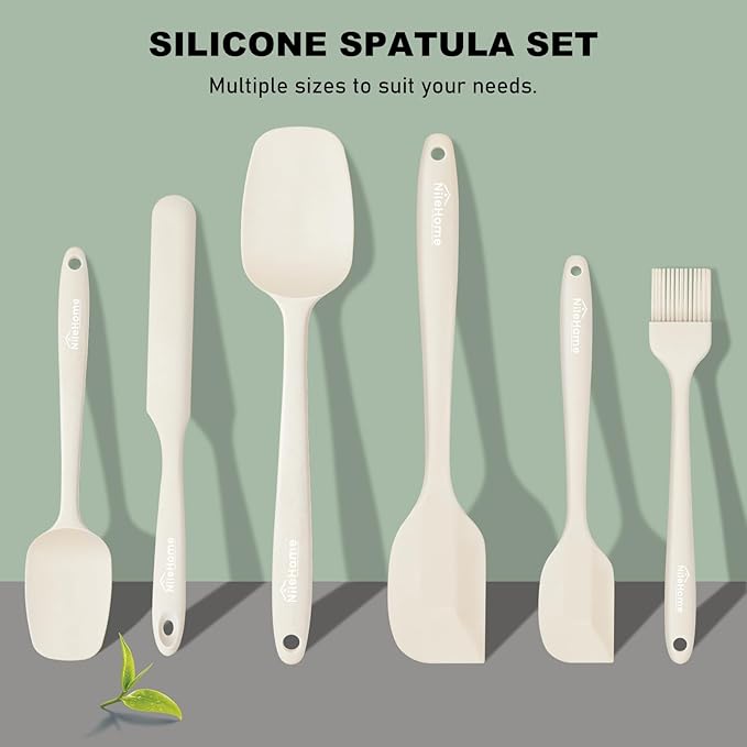 NileHome Silicone Spatula Set, 6 Pieces Food Grade Kitchen Utensils with Silicone Brush Heat Resistant Dishwasher Safe BPA-Free Rubber Spatula for Scraping, Baking, Cooking, Mixing-Ivory
