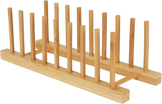 Bamboo Dish Drying Rack Kitchen Cabinet Organizer, Plate Pot Lid Organizer, Wooden Drying Rack Stand Drainer for Dish, Pots, Lids, Bowls, Cups, and Cutting Boards and Books (1PCS)