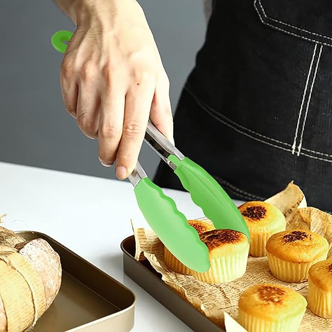 HINMAY Mini Tongs with Silicone Tips 7 Inches Silicone Cooking Tongs, Set of 3 (Green)