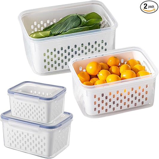 2 Pack Fruit Storage Containers for Fridge, Stackable Food Storage Containers with Removable Colander, Refrigerator Organizer with Drain Baskets Lids- Keeping Food Fresh Longer