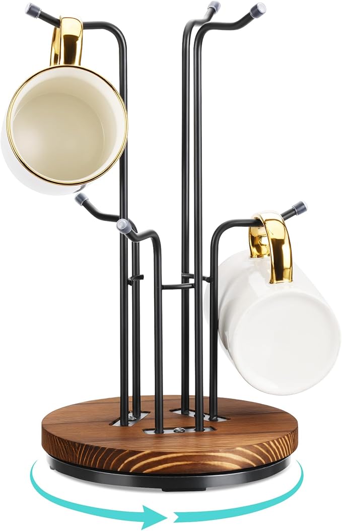 HULISEN 360° Rotating Mug Tree for Large Cups, Counter Coffee Mug Holder with 6 Hooks, Metal Coffee Cup Rack Stand for Countertop with Stable Wooden Base, Kitchen Counter Decor