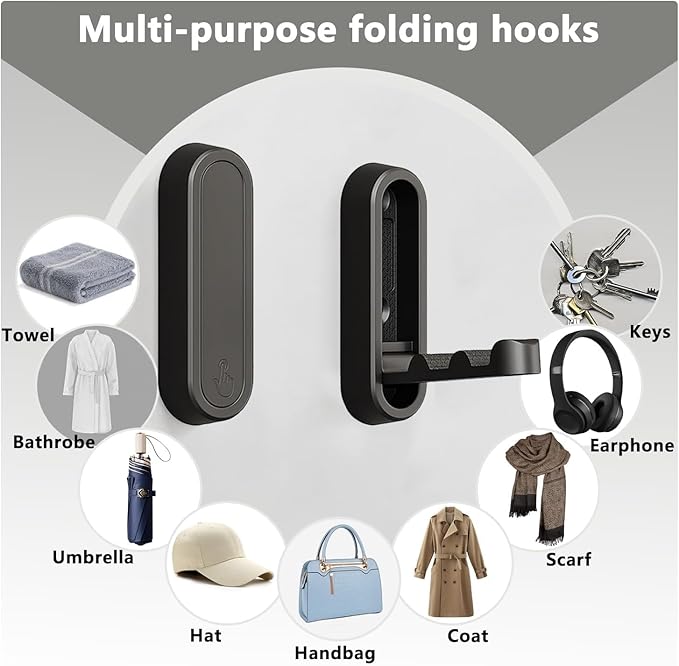 Gold Foldable Wall Hooks, Metal Foldable Hooks Wall Wount for Bathroom, Kitchen, Bedroom – Space-Saving, for Towels, Coats, Bags, Easy Installation (Black, 1PCS)