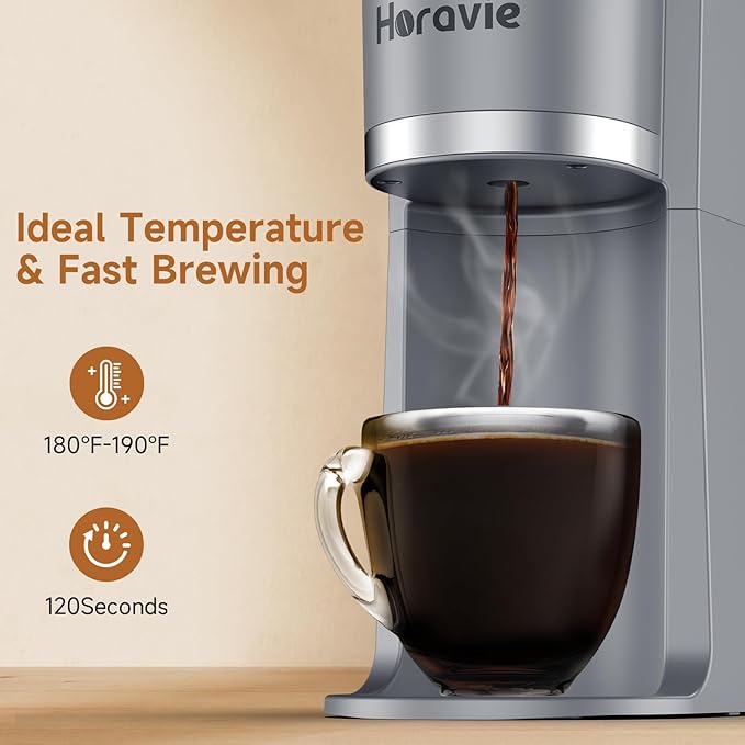 Horavie Small Single Serve Coffee Maker, Fast Brew One Cup Coffee Machine for K Cup and Grounds, 6 to 12 oz. Brew Sizes, Capsule Coffee Machine with Descaling Reminder and Viewing Tank, Grey