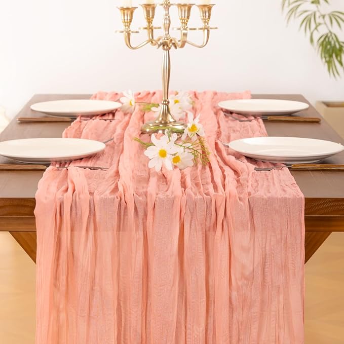 Socomi 3pcs Coral Peach Summer Cheesecloth Table Runner Boho Rustic Gauze 120 inch 10FT Cheese Cloth Sheer Runner for Wedding Party Baby Shower Birthday Home Decor Holiday Decorations