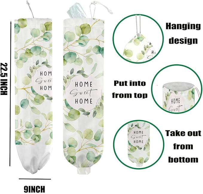 Eucalyptus Leaves Plastic Bag Holder 22.5x9 Inch,Wall Mount Grocery Bag Holder for Plastic Bags, Reusable Grocery Bags Storage Dispenser,Farmhouse Sweet Home Kitchen Decor,Gifts for Women Grandma Mom