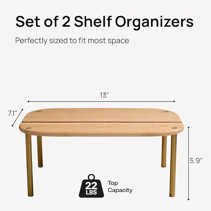 Ibyx Premium Kitchen Cabinet Organizer Shelf - Set of 2 Kitchen Counter Shelves - Stackable Shelf Racks for Cabinets - Bamboo Top with Metal Legs (Natural)