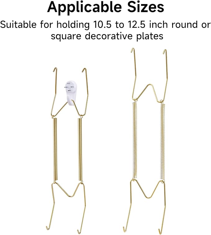 10 Piece Plate Hangers, 12 Inch Invisible Brass Wall Plate Hangers, Comes with 12 Piece Wall Hooks for Decorative Plates
