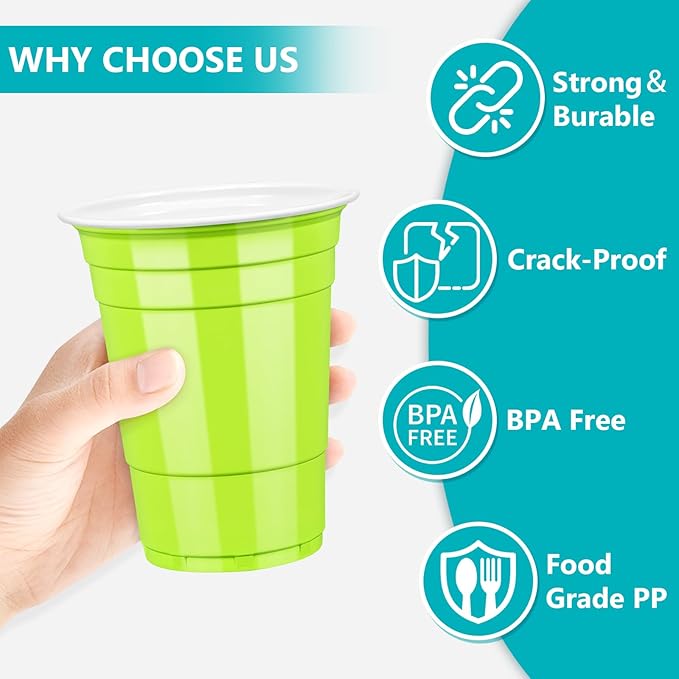 LANLISA 50 Lime Green Plastic Cups, 16 oz Disposable Cups, Drinking Cups For Halloween, Summerween, Christmas Party Supplies