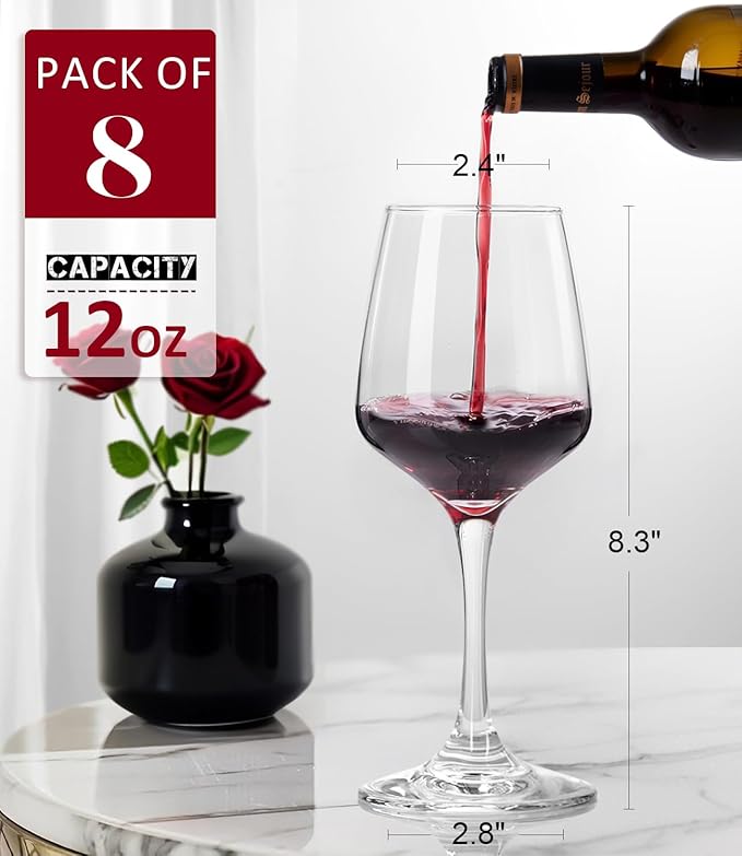 OJA Wine Glasses Set of 8, 12oz Red or White Wine Glasses, Thick, Clear, Long Stem Wine Glasses, Perfect for Party, Home, Restaurant, Bars, Wedding, Dishwasher Safe
