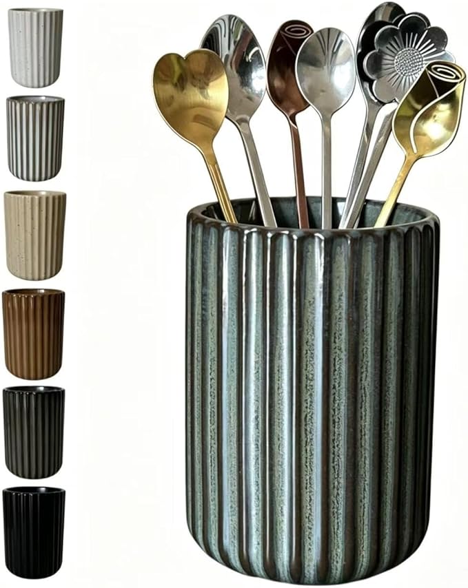 TOPYOKK Stoneware Coffee Bar Utensil Holder Tea & Coffee Spoon & Stirrer Holder for Stir Stick Straw Teaspoon Holder Spoon Cup Small Utensil Jar Fluted Vertical Stripe (Bronze)