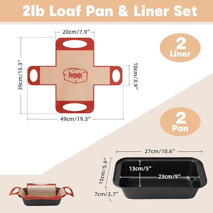 Loaf Pan with Liners Set: 2-Pack Nonstick 9 x 5 Inch Bread Pan and Loaf Liners for Homemade Oven Baking - Rectangular Baking Tray for Kitchen Home Baker Make Sourdough Banana Sandwich Bread(Red)