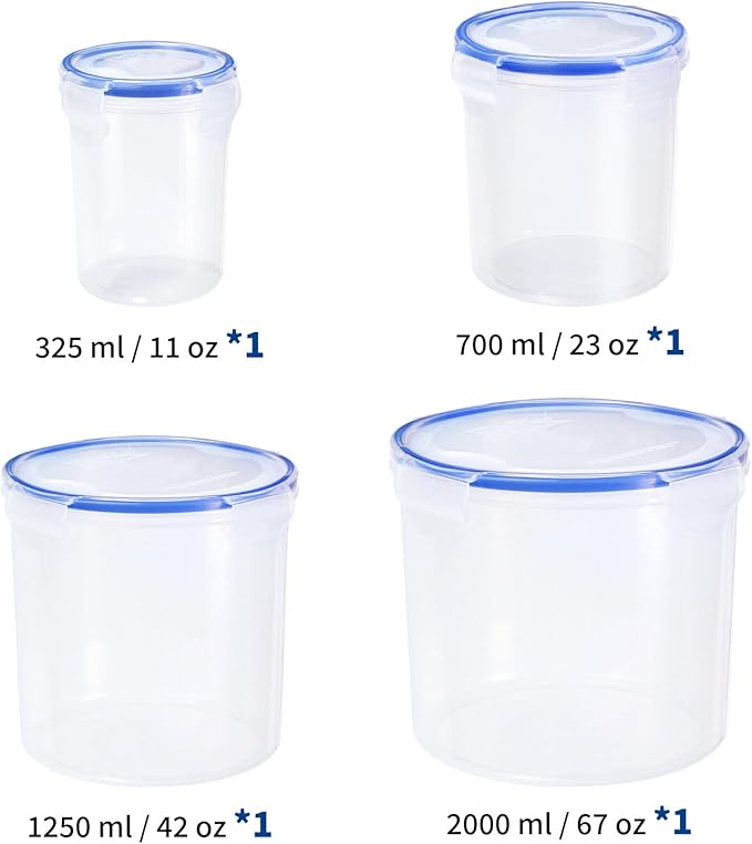 KIGI Food Storage Containers, Clear Cylinder Airtight Canister & Jar with 4-Sided Locking Lid for Coffee Bean, Sugar & Pantry Dry Food, 8 Piece Set, 1.35Cup /2.9Cup /5.2Cup /8.3Cup