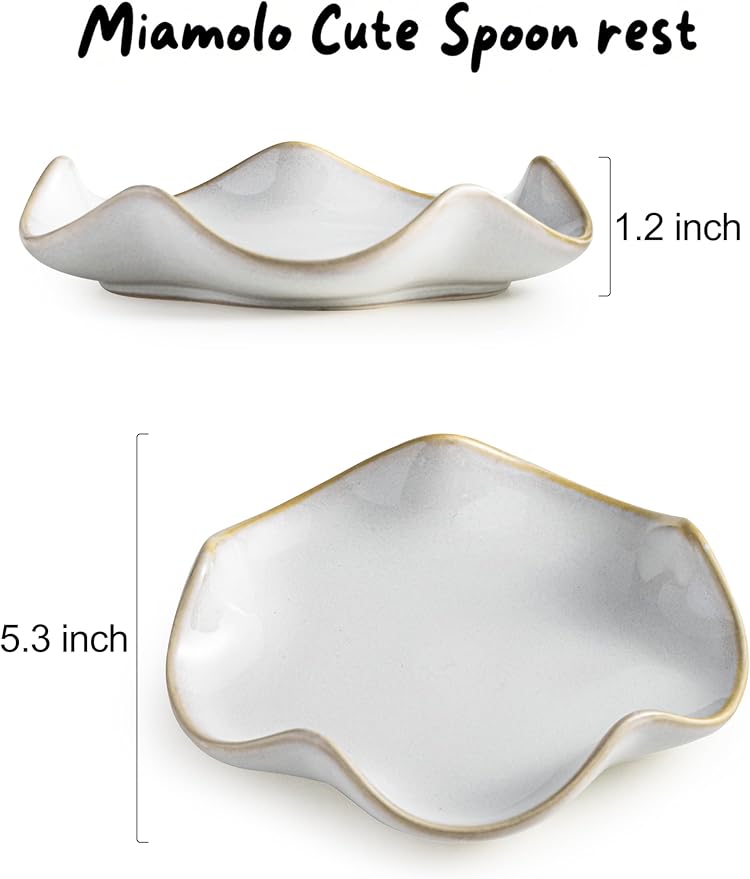 Spoon Rest for Stove Top, Spoon Holder for Stove, 5.3In Ceramic Spoon Rest for Kitchen Counter, Coffee Spoon Holder with Ruffled Edge, Farmhouse Spatula Holder for Kitchen Decor, Beige