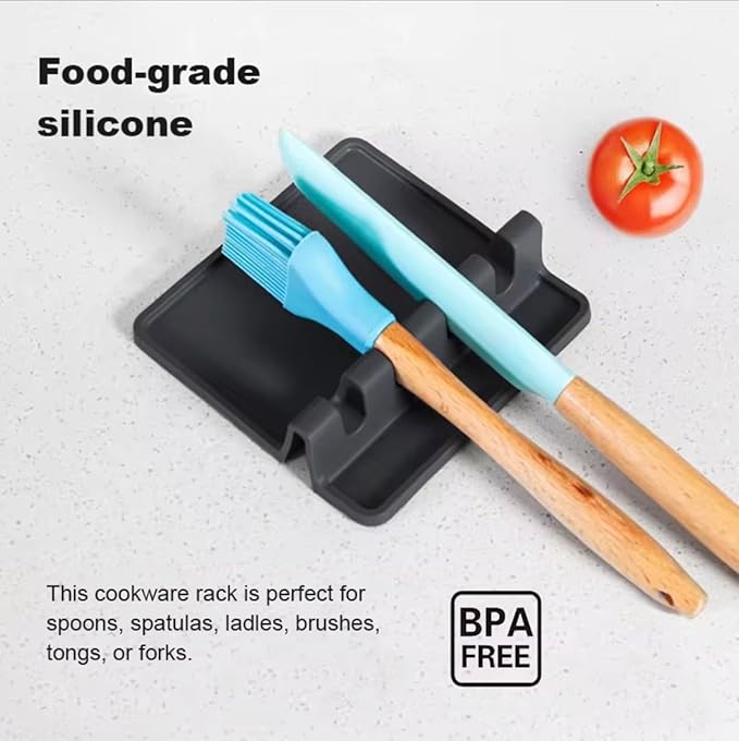 Silicone Spoon Rest for Stove Top – Silicone Utensil Holder with Large Drip Tray, Heat Resistant, BPA Free Food-Grade Silicone, Non-Slip Base, Dishwasher Safe,4-Slot Design, Includes 2 Sponges (Black)