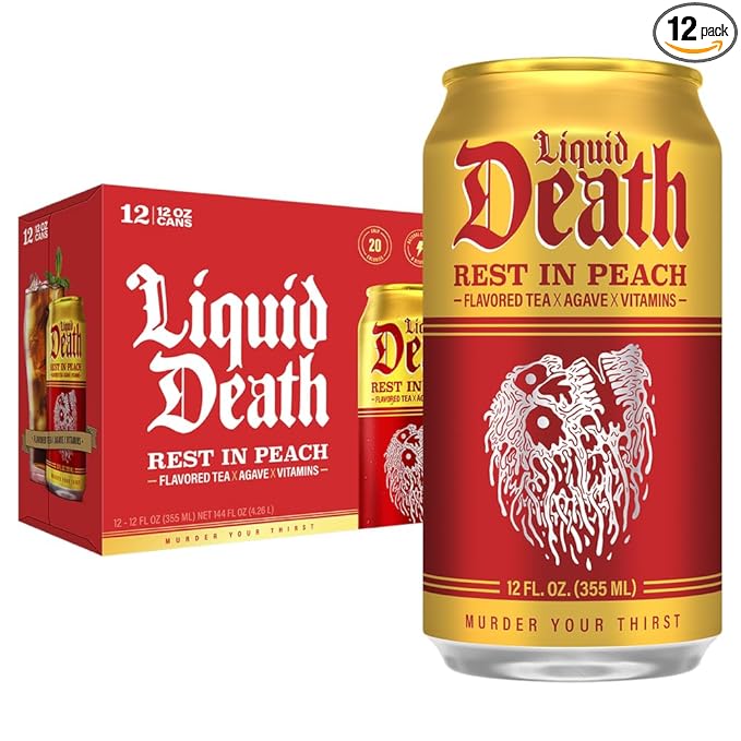 Liquid Death Iced Tea - Rest In Peach (Peach-Flavored Black Tea), Less Sugar*, Boost of Caffeine, B Vitamins, No Artificial Sweeteners, 12 Fl Oz (Pack of 12)