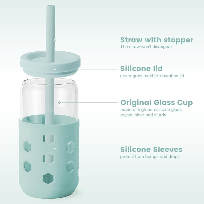 Mrsdry Glass Cups with Lids and Straws 4 Pcs, 16oz Glass Tumbler with Silicone Straw and Sleeve for Coffee Bar Accessory, Drinking Glasses Set Reusable Iced Coffee Cup - Smoothie Cup for Gifts