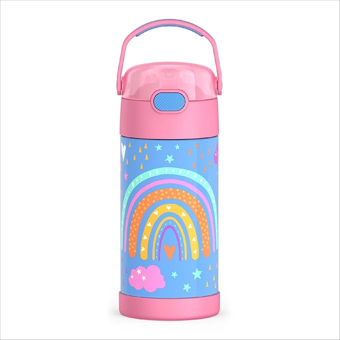THERMOS FUNTAINER Water Bottle with Straw - 12 Ounce - Kids Stainless Steel Vacuum Insulated Water Bottle with Lid, Rainbow Dreams