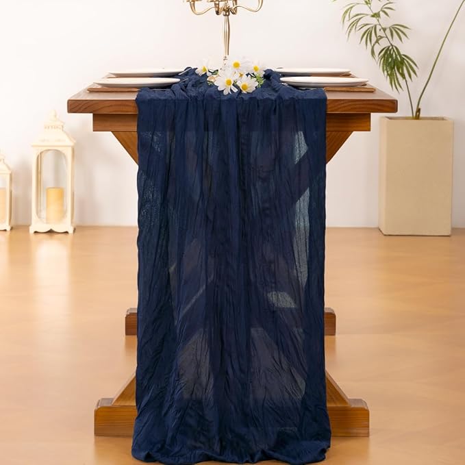 Socomi 3pcs Navy Blue Summer Cheesecloth Table Runner Boho Rustic Gauze 120 inch 10FT Cheese Cloth Sheer Runner for Wedding Party Baby Shower Birthday Home Decor Holiday Decorations