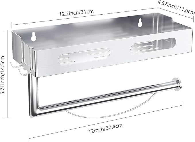 Paper Towel Holder Wall Mount for Bathroom, Paper Towel Holder with Shelf for Kitchen, RV Paper Towel Rack Stainless Steel, Silver