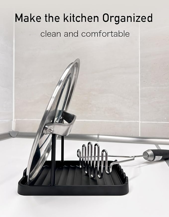 Anti-Rust Metal Spoon Rest with Lid Holder, Heat-Resistant Pot Lid Rest, Multifunctional Spatula Holder While Cooking for Stovetop and Kitchen Counter – Black