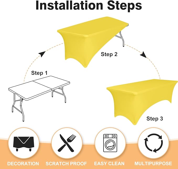 2 Pack 6 Feet Yellow Spandex Tablecloth for Rectangular Tables, Fitted & Stretch, Washable, Wrinkle Resistant, Perfect for Event, Wedding, Party, Banquet, Cocktail, Festival, and Table Protector