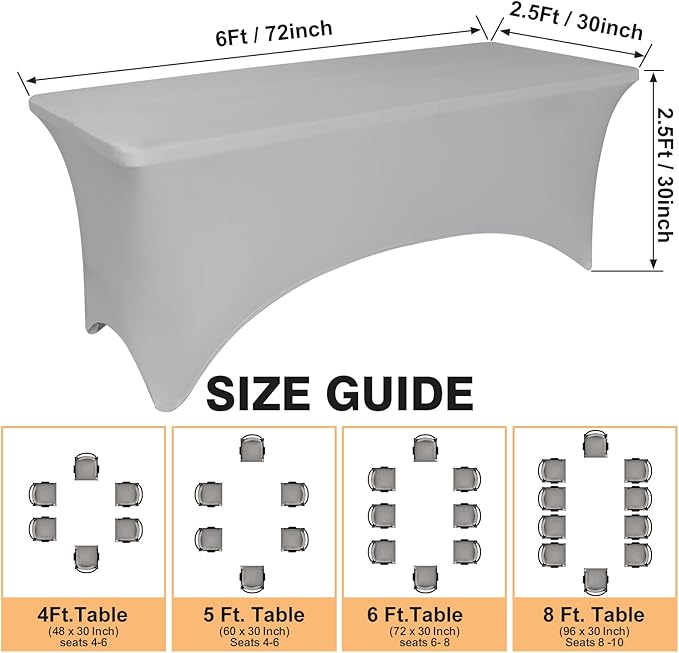 2 Pack 6 Feet Grey Spandex Tablecloth for Rectangular Tables, Fitted & Stretch, Washable, Wrinkle Resistant, Perfect for Event, Wedding, Party, Banquet, Cocktail, Festival, and Table Protector