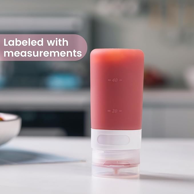 MICEBAY Condiment Squeeze Bottles for Sauces, 2-oz Mini Silicone Salad Dressing Container to Go with Snack Storage Bag, Leakproof Sauce Bottles for Lunch Box, 4 Pack, Pink