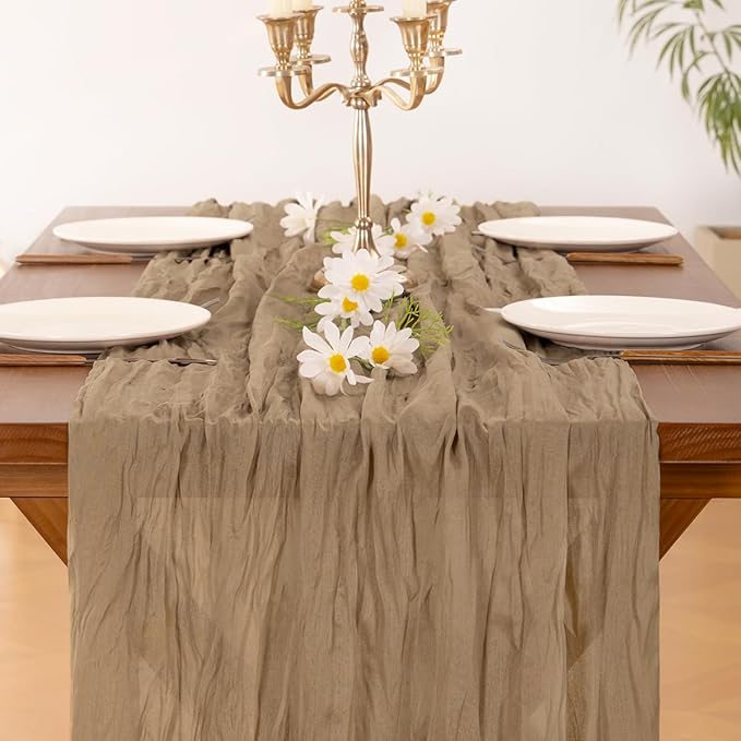 Socomi 10pcs Nude Brown Cheesecloth Table Runner Boho Rustic Gauze 120 inch 10FT Cheese Cloth Sheer Runner for Wedding Party Baby Shower Birthday Home Decor Holiday Decorations