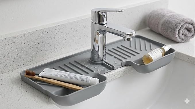 Silicone Kitchen Sink Splash Guard Faucet Mat with Deep Storage Trays,for Sponge Brush,Sloped Draining, Countertop Protector,For Tidy Homes,Renters,Bonus Sponge