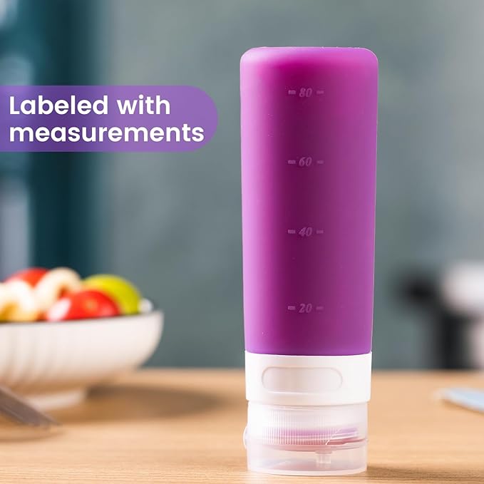 MICEBAY Condiment Squeeze Bottles for Sauces, 3-oz Mini Silicone Salad Dressing Container to Go with Snack Storage Bag, Leakproof Sauce Bottles for Lunch Box, 4 Pack, Purple