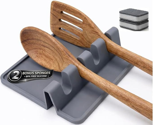 Silicone Spoon Rest for Stove Top – Silicone Utensil Holder with Large Drip Tray, Heat Resistant, BPA Free Food-Grade Silicone, Non-Slip Base, Dishwasher Safe, 4-Slot Design, Includes 2 Sponges (Gray)