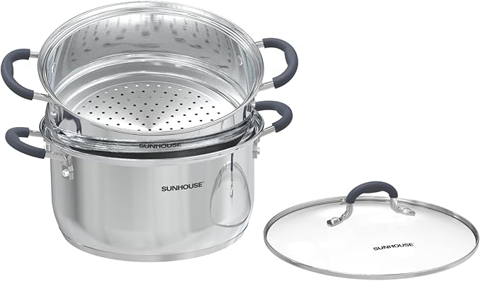 SUNHOUSE Stainless Steel Steamer Pot for Cooking - 3.1 QT Steaming Pot with Glass Lid & Steamer Basket - 2 Tier Tri-ply Vegetable Steamer with Stay-Cool Silicone Handles - Induction Compatible
