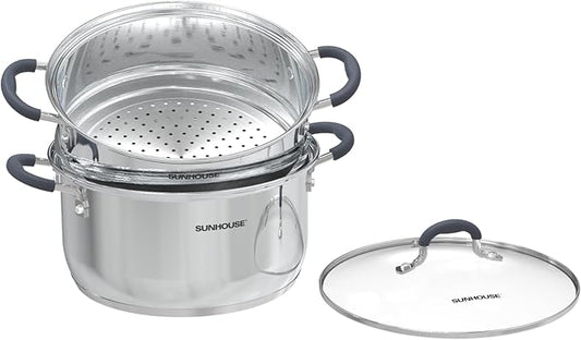 SUNHOUSE Stainless Steel Steamer Pot for Cooking - 3.1 QT Steaming Pot with Glass Lid & Steamer Basket - 2 Tier Tri-ply Vegetable Steamer with Stay-Cool Silicone Handles - Induction Compatible