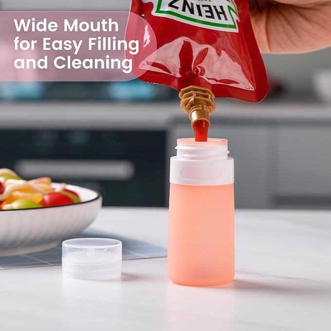 MICEBAY Condiment Squeeze Bottles for Sauces, 2-oz Mini Silicone Salad Dressing Container to Go with Snack Storage Bag, Leakproof Sauce Bottles for Lunch Box, 4 Pack, Pink