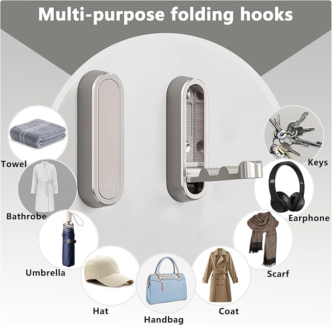 Gold Foldable Wall Hooks, Metal Foldable Hooks Wall Wount for Bathroom, Kitchen, Bedroom – Space-Saving, for Towels, Coats, Bags, Easy Installation (Silver, 2PCS)