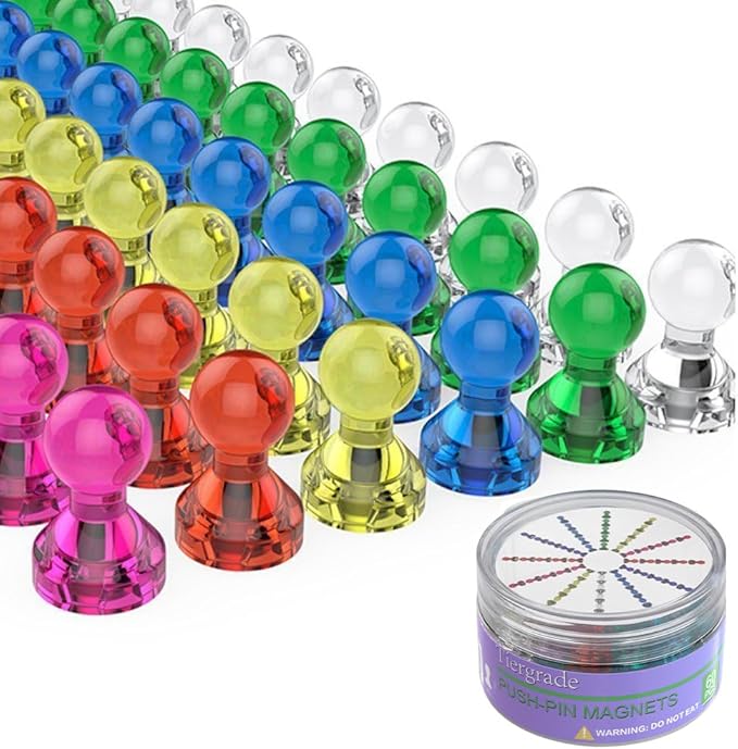 Push Pin Magnets - 60 Pack 7 Assorted Color Strong, Office, Use at Kitchen Home and School Classroom, for Refrigerator Dry Erase Board and Whiteboard.