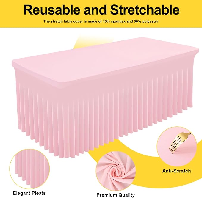 Smiry Spandex Tablecloth 2 Pack, Elastic Fitted Stretch Tablecloth for 8FT Rectangle Tables, Waterproof Washable Table Cover Skirt for Wedding, Banquet & Parties (Pink, 96Lx30Wx30H Inch)