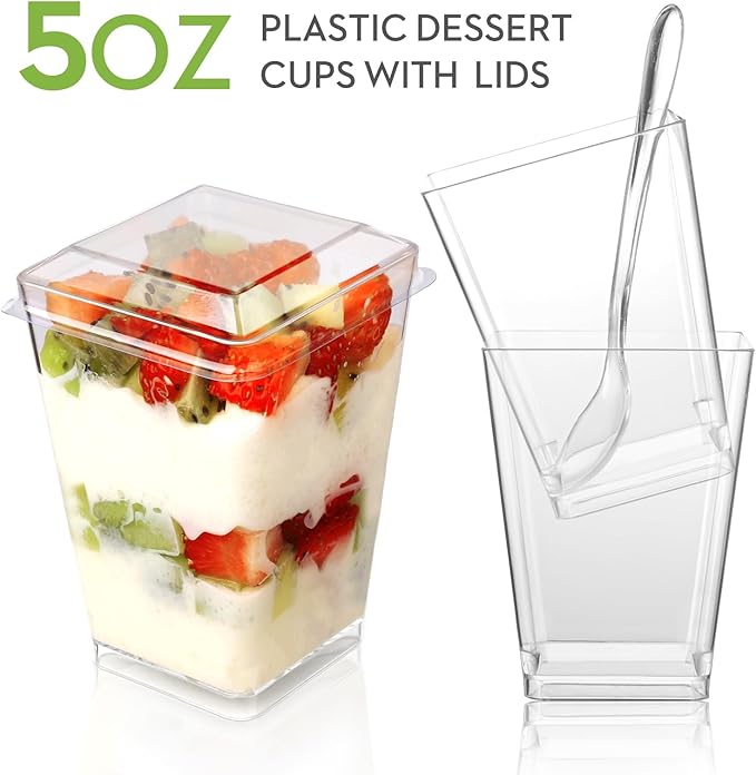 100 Pack 5 oz Plastic Dessert Cups With Lids and Spoons, Yogurt Parfait Appetizer Cups for Party, Mini Dessert Shooters for Pudding and Fruit