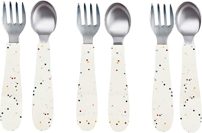 WeeSprout Toddler Utensils, 3 Forks & 3 Spoons, 18/8 Stainless Steel & Food Grade Silicone, Thick Easy-Grip Handles, Perfect Length For New Self Feeders, Gentle On Gums & Teeth, Dishwasher Safe