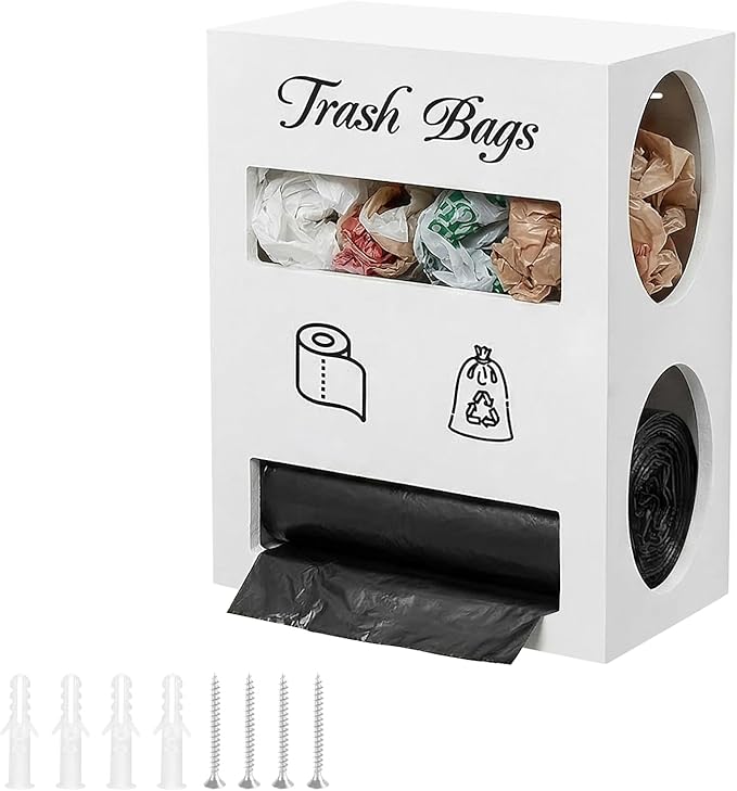 2 in 1 Trash Bag Dispenser, Double Wall Mounted,Wood Trash Bag Holder, used in kitchen, garage, laundry room, can store Environmentally friendly food bags and garbage bags (White/Large)