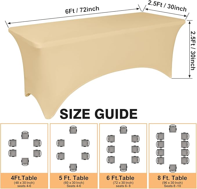 2 Pack 6 Feet Champagne Spandex Tablecloth for Rectangular Tables, Fitted & Stretch, Washable, Wrinkle Resistant, Perfect for Event, Wedding, Party, Banquet, Cocktail, Festival, and Table Protector