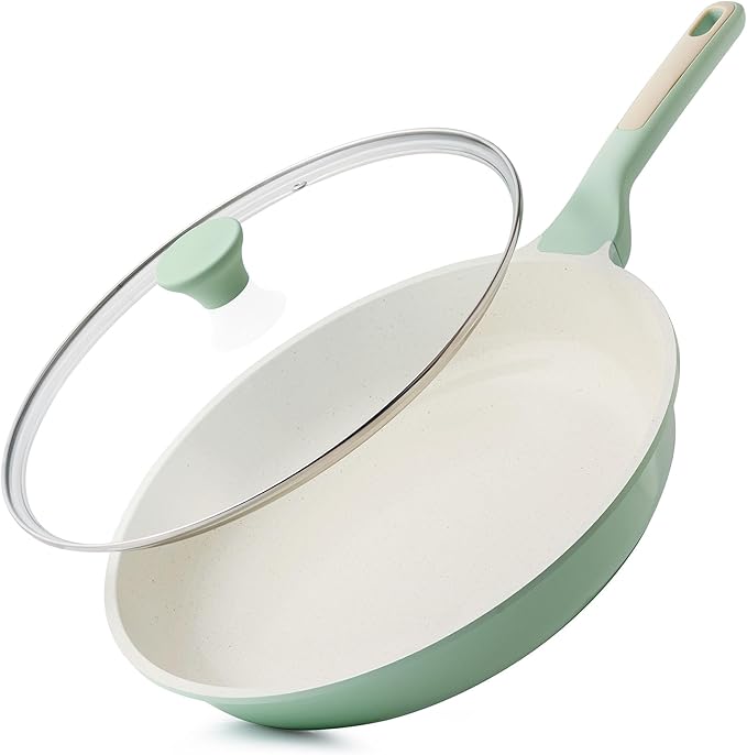 SENSARTE Nonstick Ceramic Frying Pan with Lid 11 Inch Omelet Pan Skillet, Free of Intentionally Added PFAS/PTFE Non-toxic Chef's Pan Induction Compatible Pan, Heat Resistant Handle, Mint Green