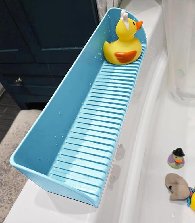 Roslim Bathtub Splash Guard for Tub - Silicone Water Splash Guard with 4 Suction Cups, Bath Toy Holder, Bathtub Play Shelf for Bathing, Bathtub Side Suction Tray, 1Pack, Blue