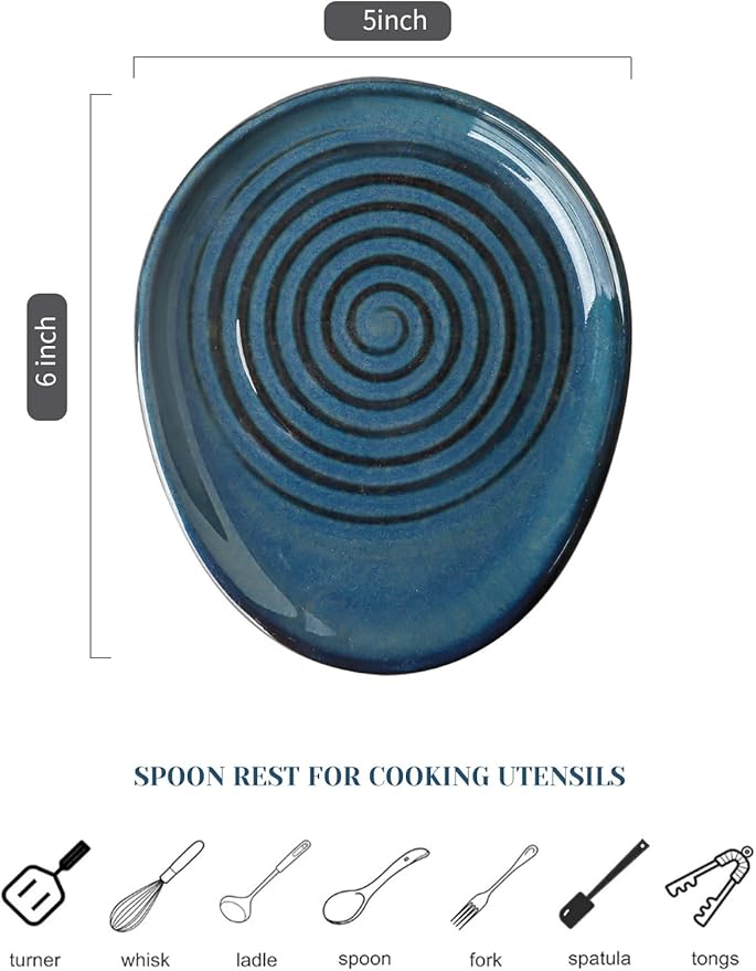 Ceramic Spoon Rest for Stove Top, Spoon Holder for Kitchen Counter, Farmhouse Cooking Utensil Holder for Spoons, Ladles, Spatula, Glazed Blue