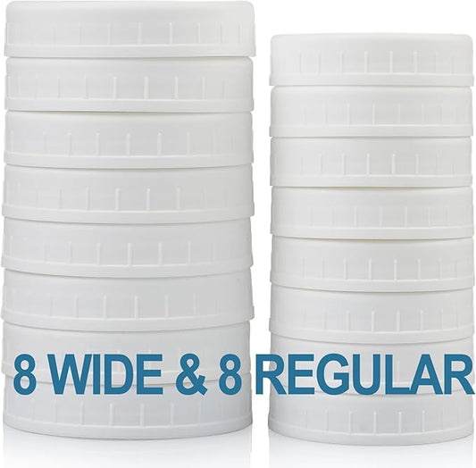AOZITA 16-Pack Plastic Mason Jar Lids - 8 Regular Mouth and 8 Wide Mouth Jar Lids - Plastic Storage Caps for Ball, Kerr Canning Mason Jars - 100% Sealing & Dishwasher Safe & Food Grade