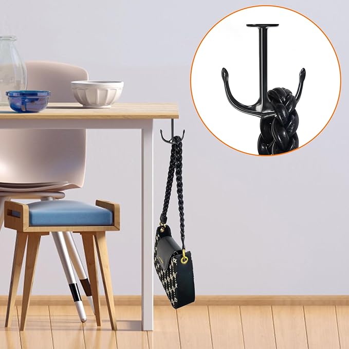 Anchor Shape Zinc Alloy Double Prong Ceiling Hooks, 4-Pack Under Shelf Coat Hooks Hanging Towel Robe Clothes Cap Bathroom Kitchen Cabinet Garage Use (Black)